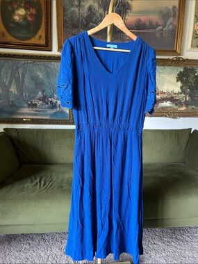Draper James Royal Blue V-Neck Midi Dress with Embroidered Sleeves
